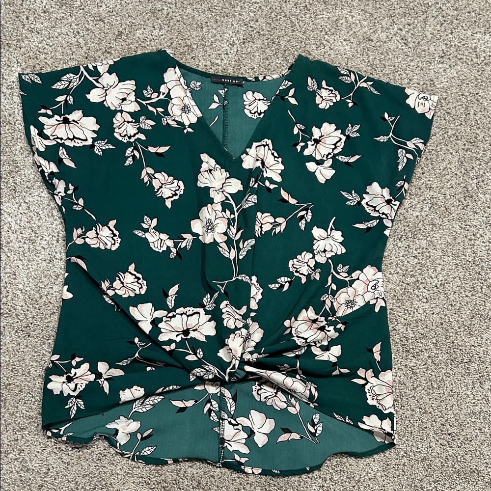West Kei Green Floral Blouse with White Flowers